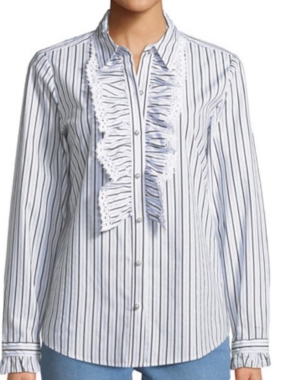 Karl Lagerfeld Blue & White Striped Ruffle Button-Down Shirt cotton women